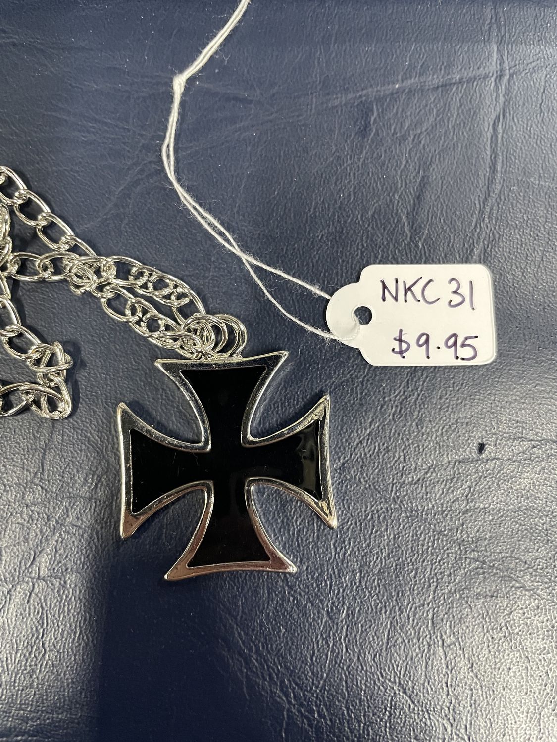 Blk Iron Cross w/Silver Outline Necklace