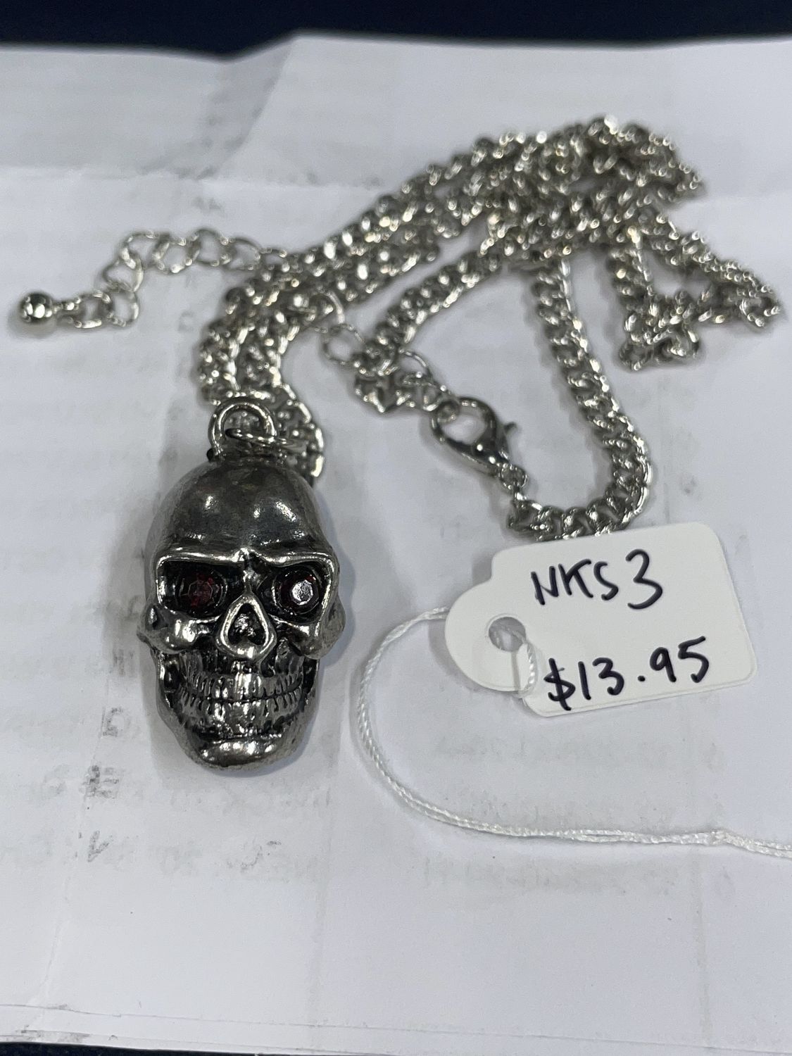 Silver Skull w/ Jewels in Eyes Necklace