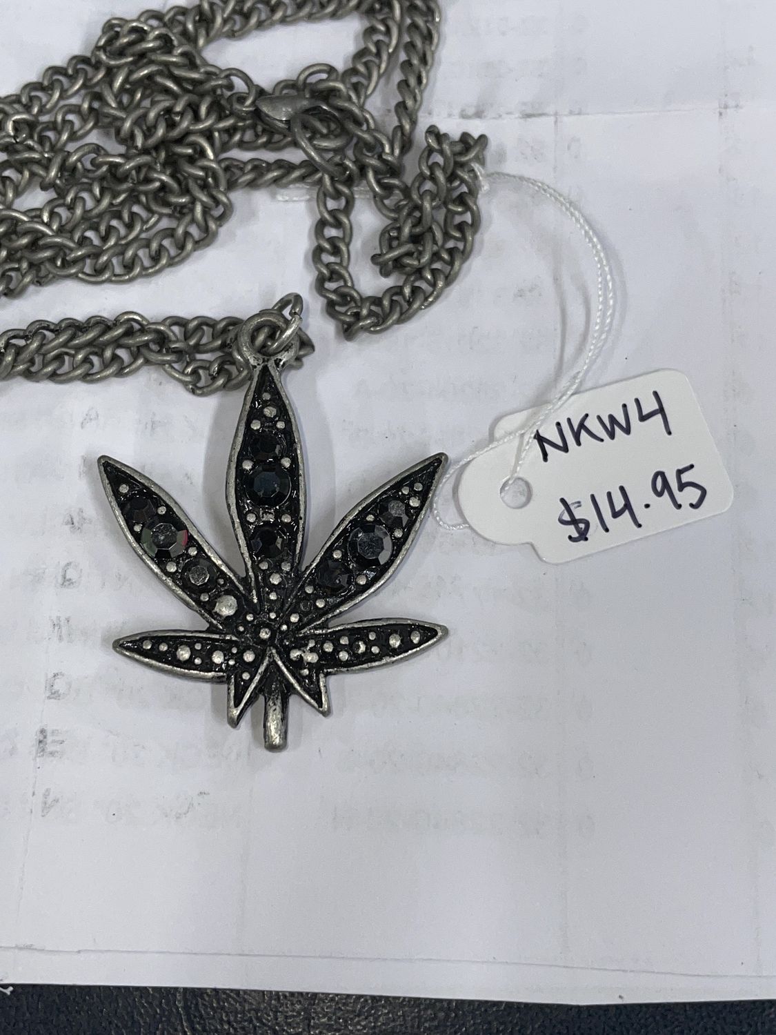 Burn Slv Weed Necklace w/ Blk Rhinestones