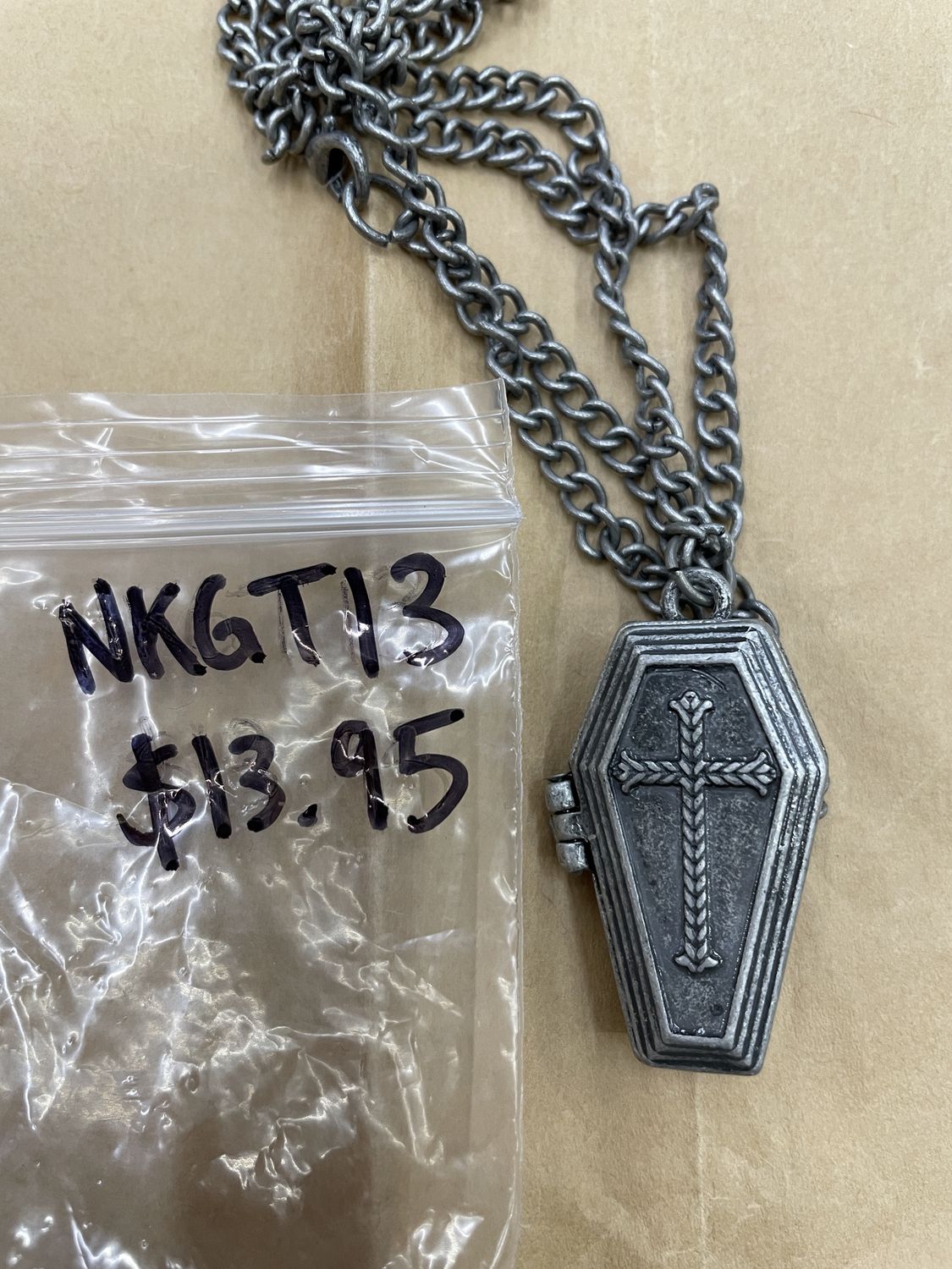 Silver Burnt Coffin Necklace w/Cross