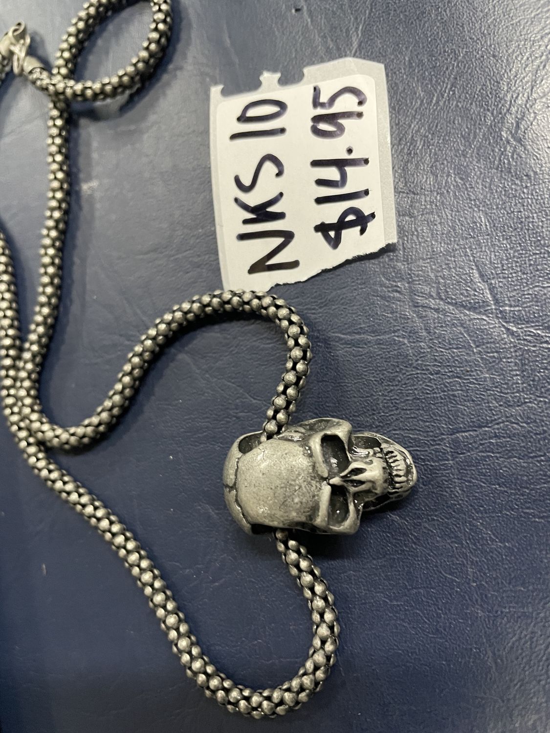 Lrg Silver Burnt Flat Skull Thick Chain Necklace