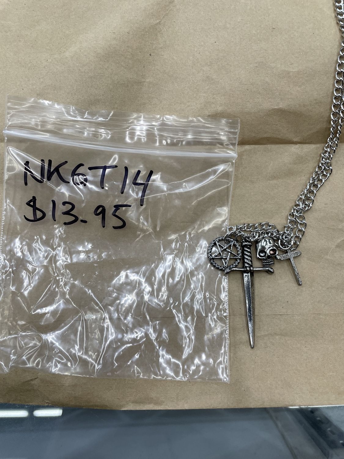 Silver Four Pendants Necklace-Pentagram, Skull, Sword, Cross