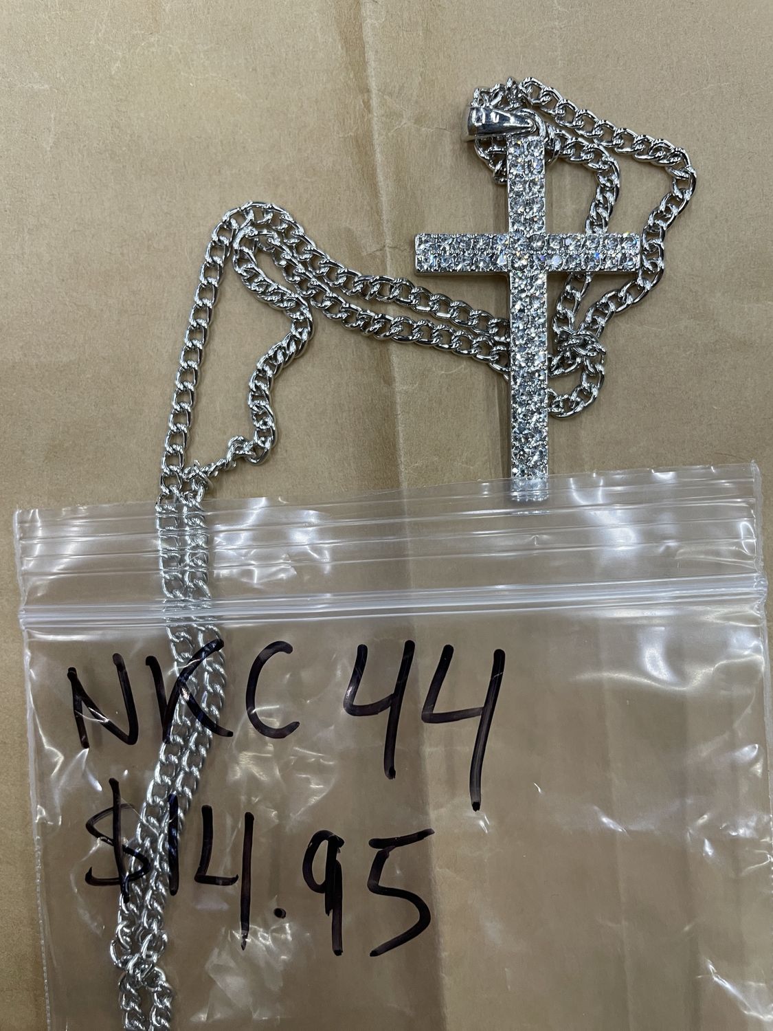 Flat Bedazzled White Slv Cross Necklace