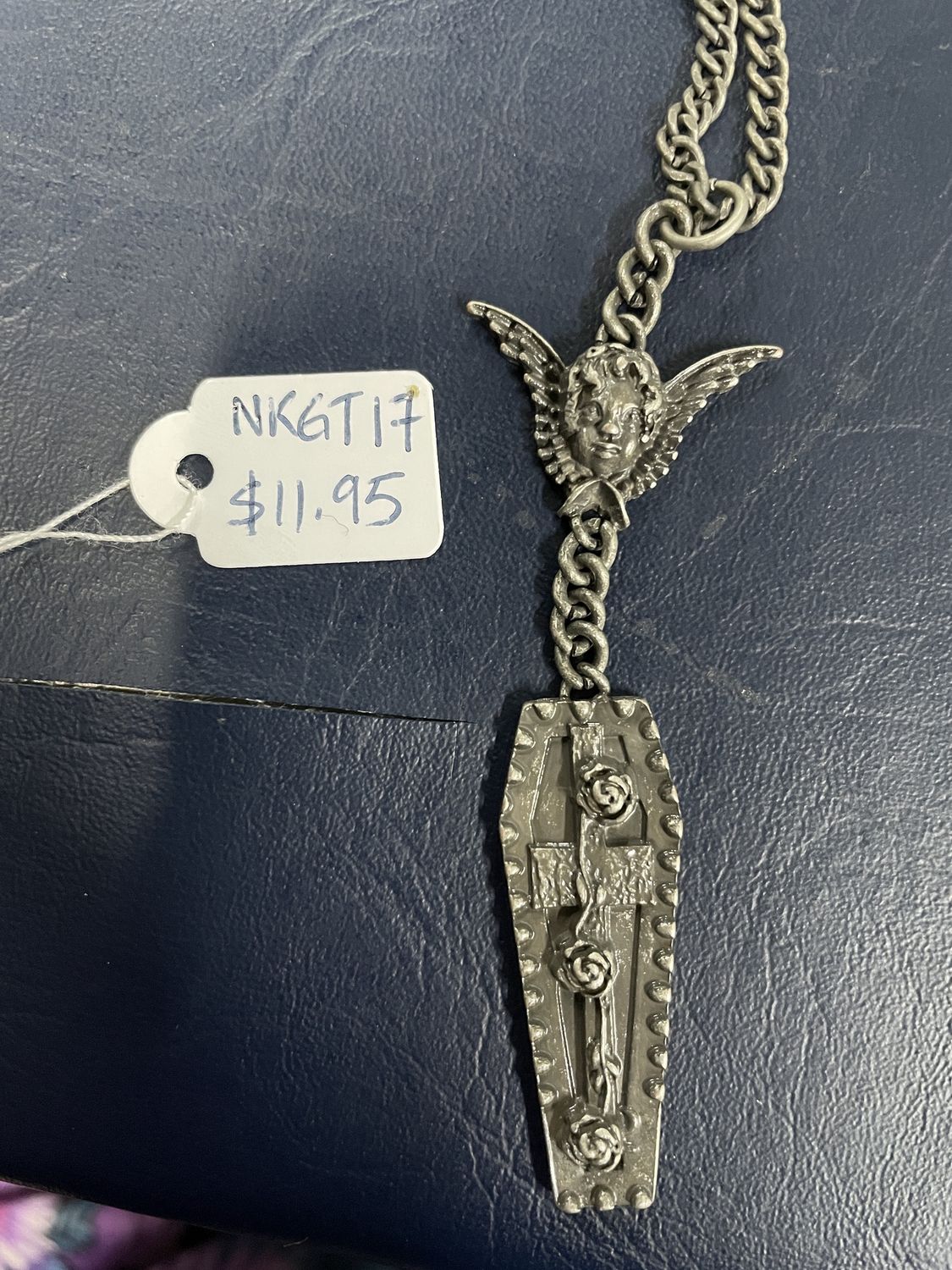 Burn Slv Cupid Rose Coffin Necklace