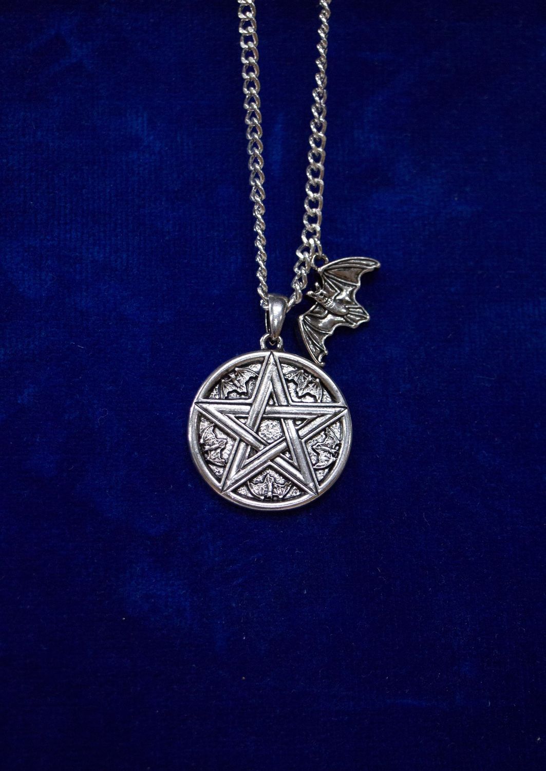 Shiny Silver Pentagram with Bat Necklace