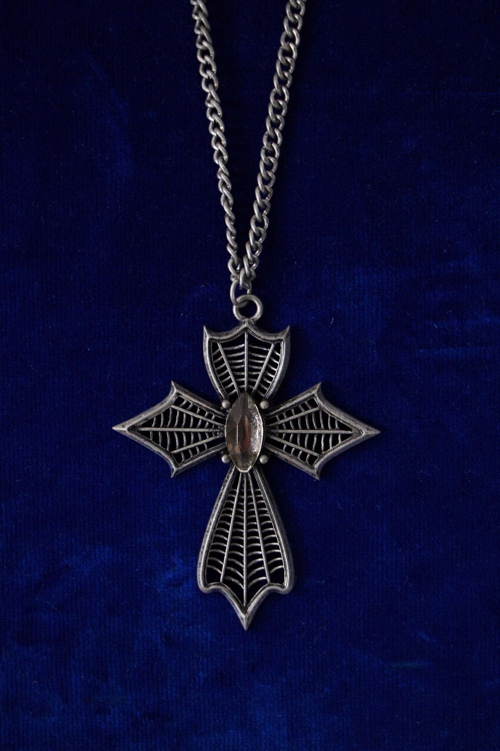 Large Webbed Gunmetal Cross w/ White Stone