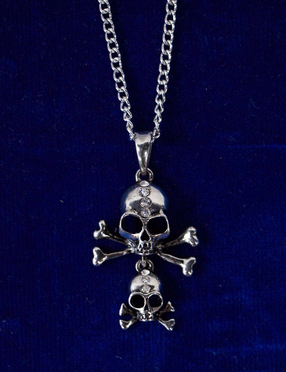 Bright Silver Big &amp; Little Skull &amp; Crossbones w/ Stones