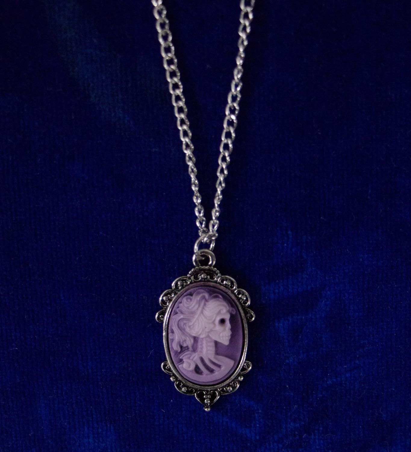 Skeleton Cameo Pendant Necklace - Grey on Purple