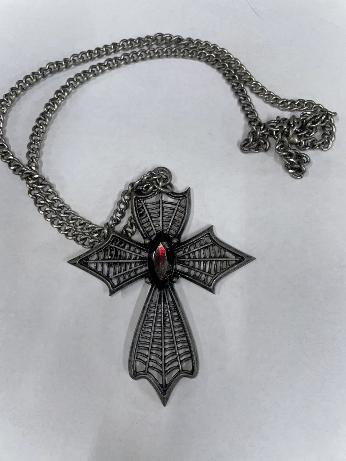 Large Webbed Gunmetal Cross w/ Dark Stone Necklace