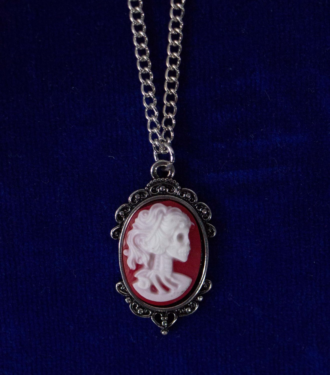 Skeleton Cameo Pendant Necklace - White on Red