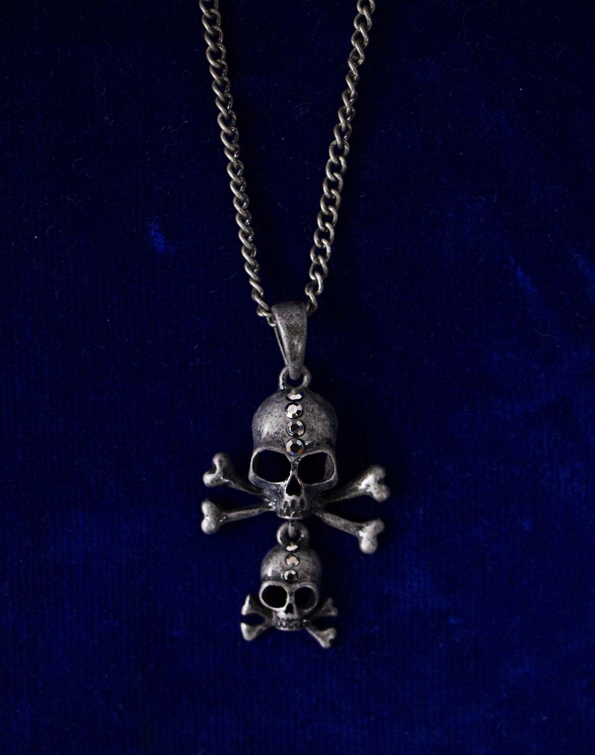 Dull Silver Big &amp; Little Skull &amp; Crossbones w/ Stones