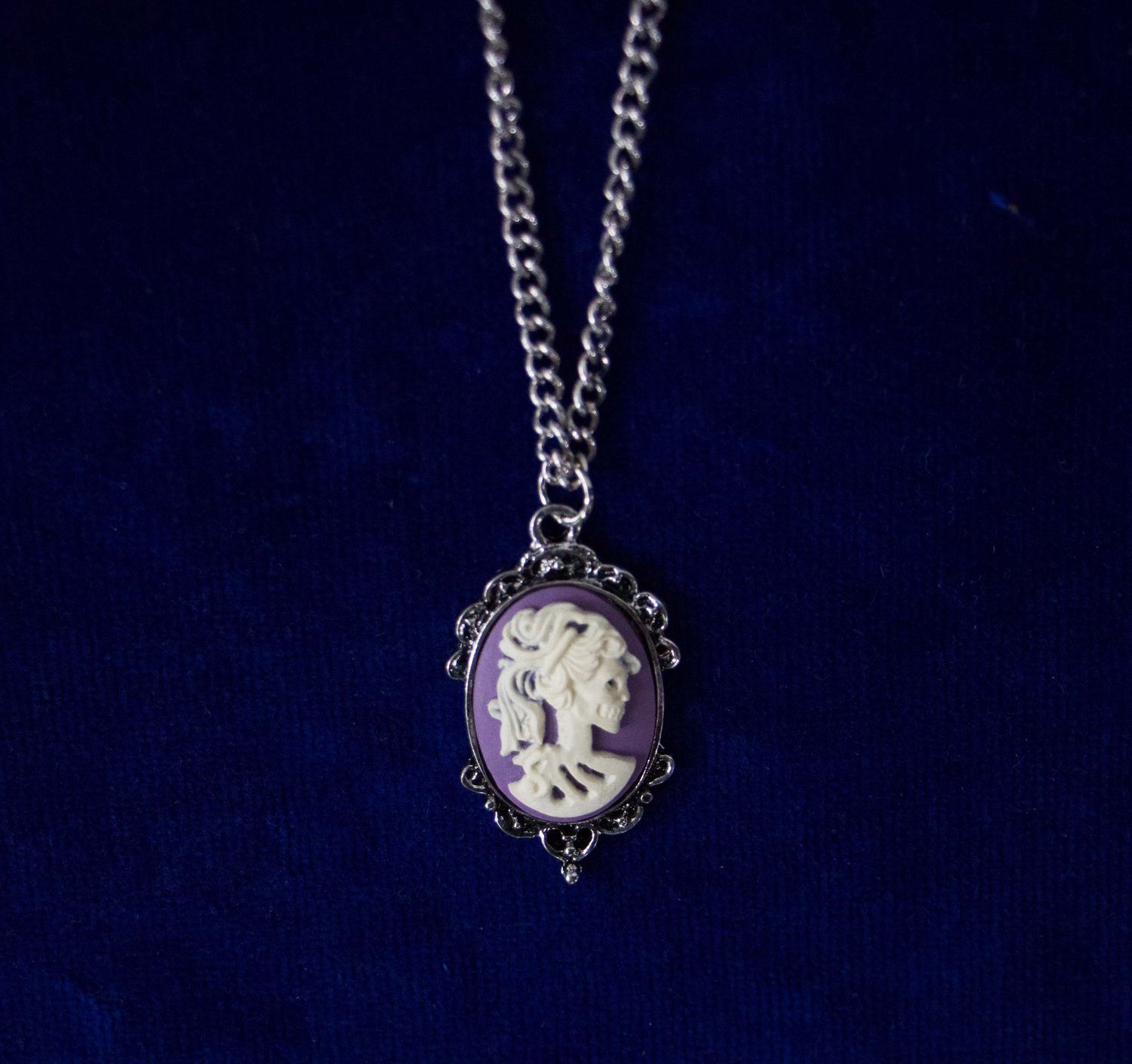 Skeleton Cameo Pendant Necklace - White on Purple