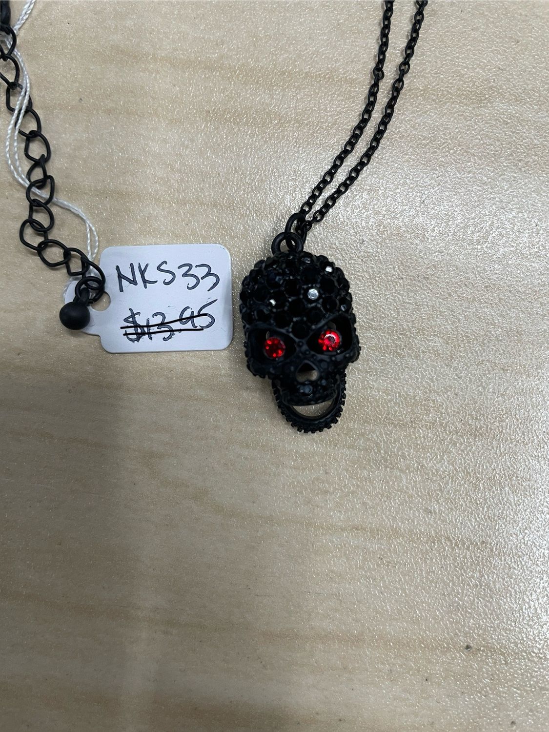 Black Encrusted Skull Necklace w/ Red Eyes &amp; Moving Jaw