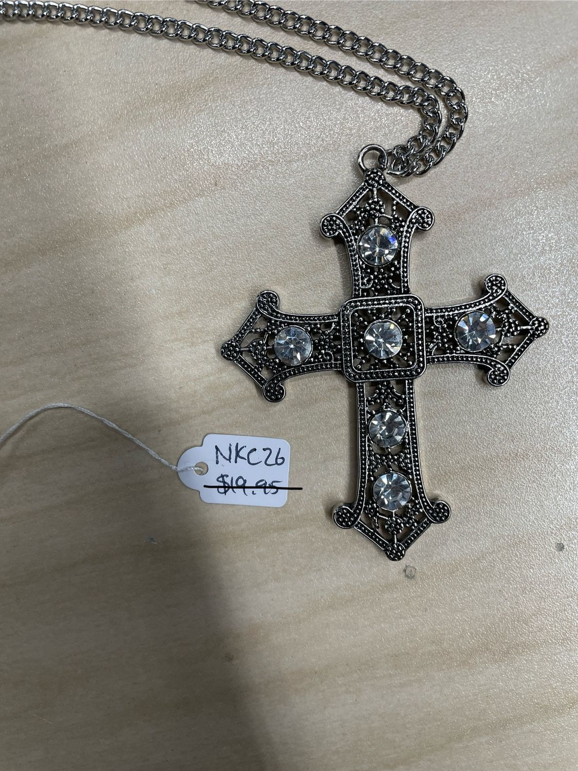 Big Silver Cross w/White Rhinestones Necklace