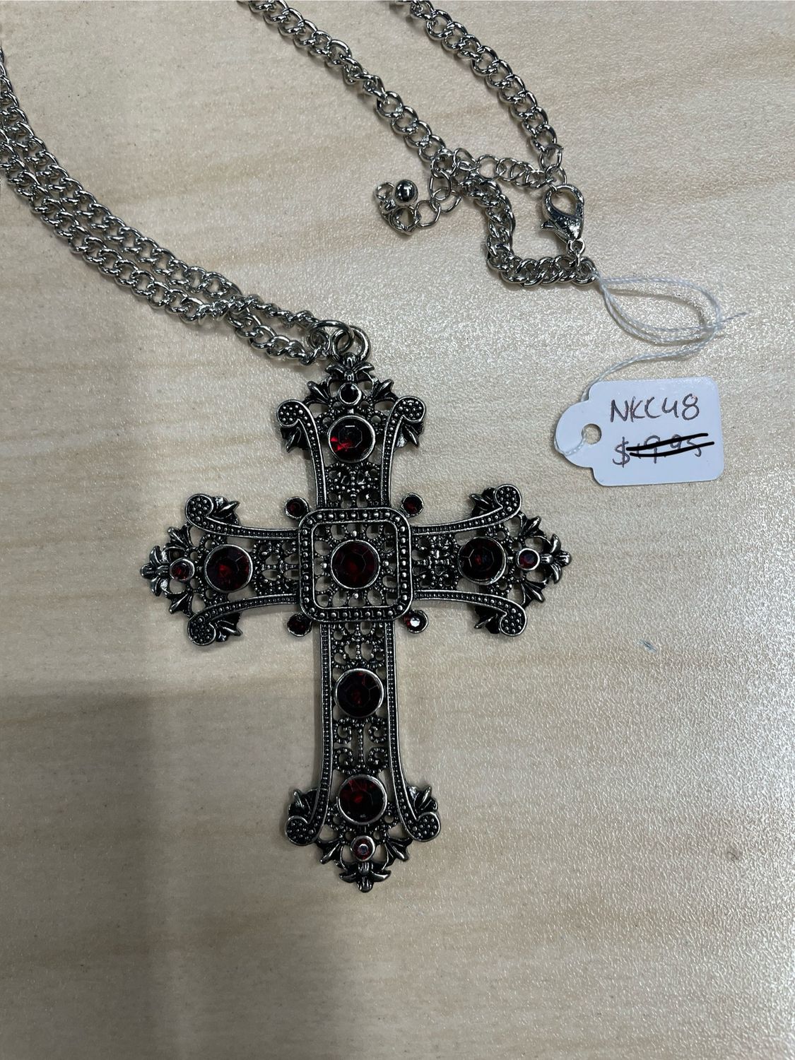 Big Cross w/Intricate Design Red Stone Necklace