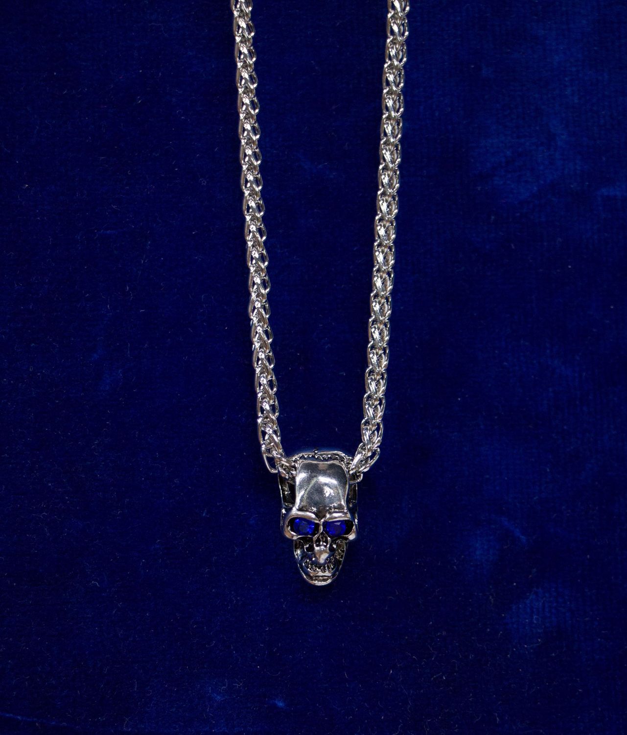 Silver Skull Head W/ Blue Eyes Necklace