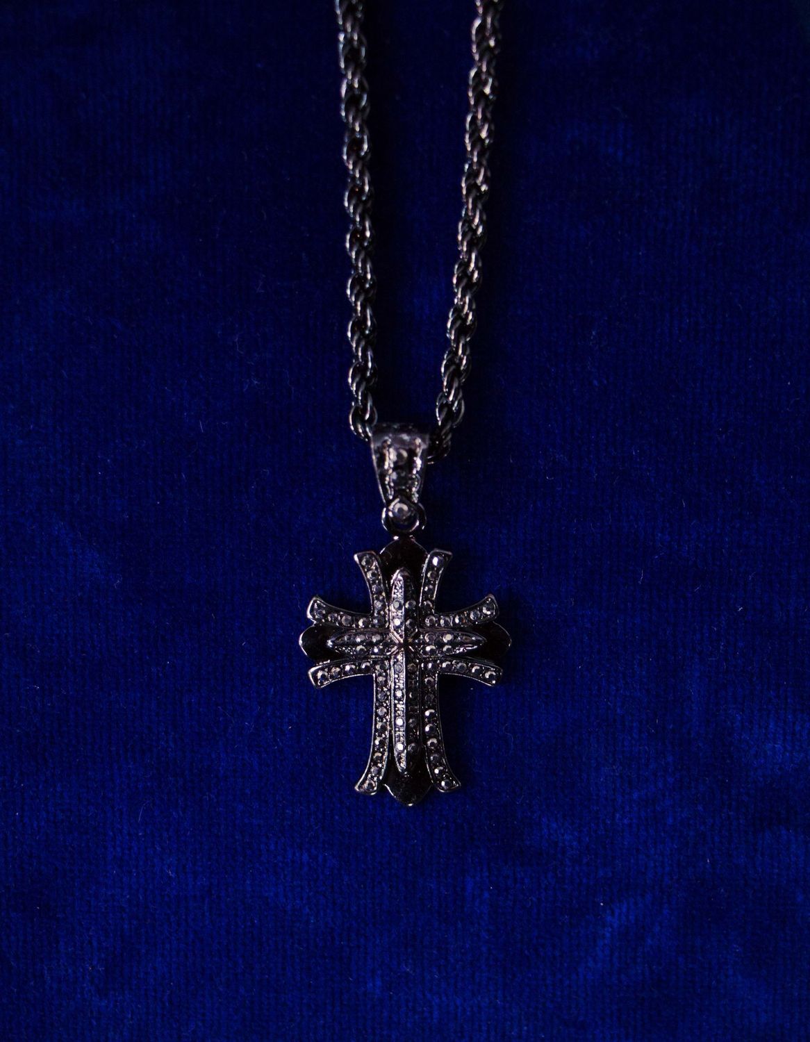 Flared, Glossy Dark Metal Cross on Cross w/ Stones Necklace