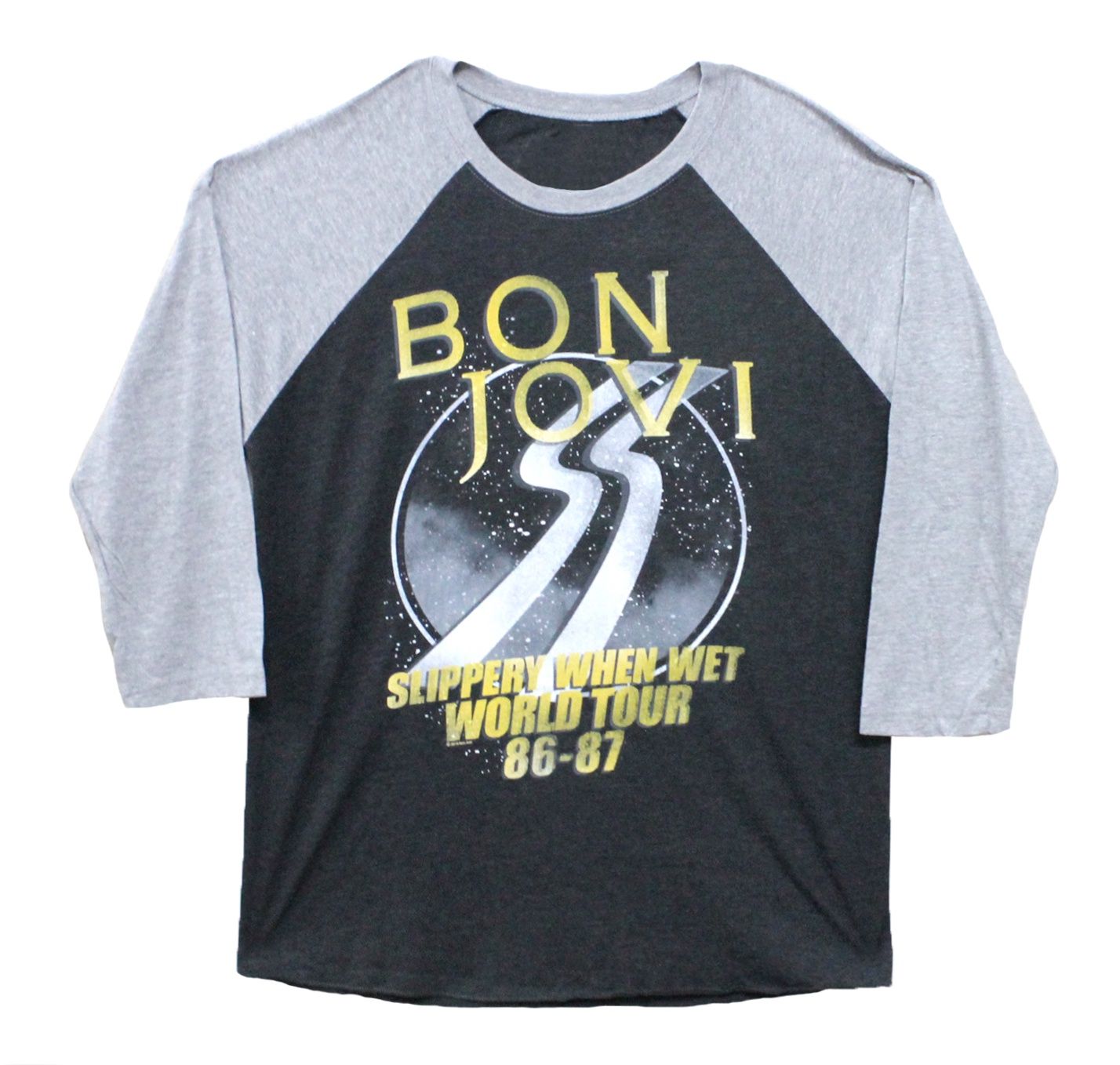 Bon Jovi Slippery When Wet Tour Baseball Tee-Heather Grey