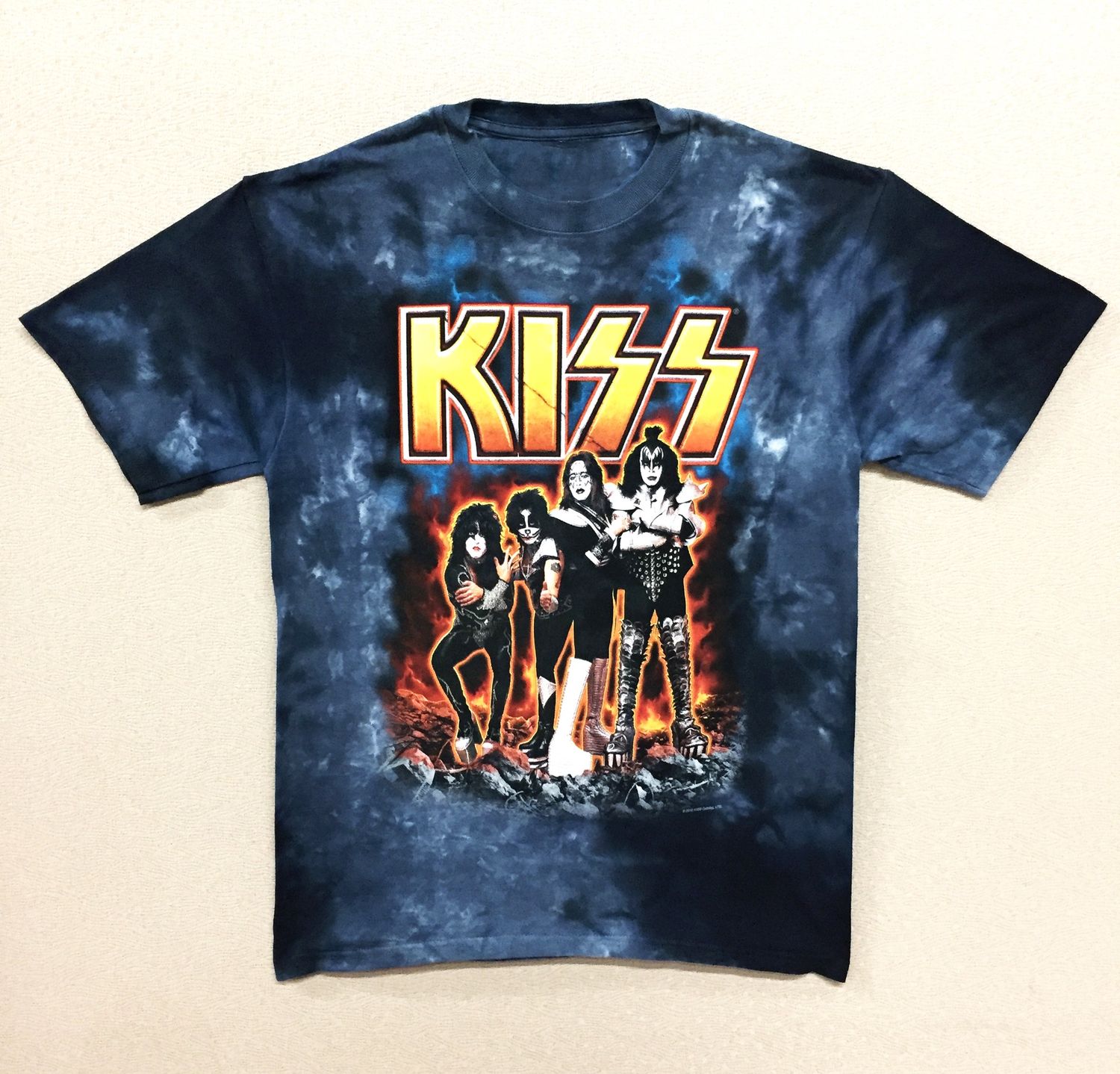 Kiss Band Photo in Flames on Blue Tye Dye