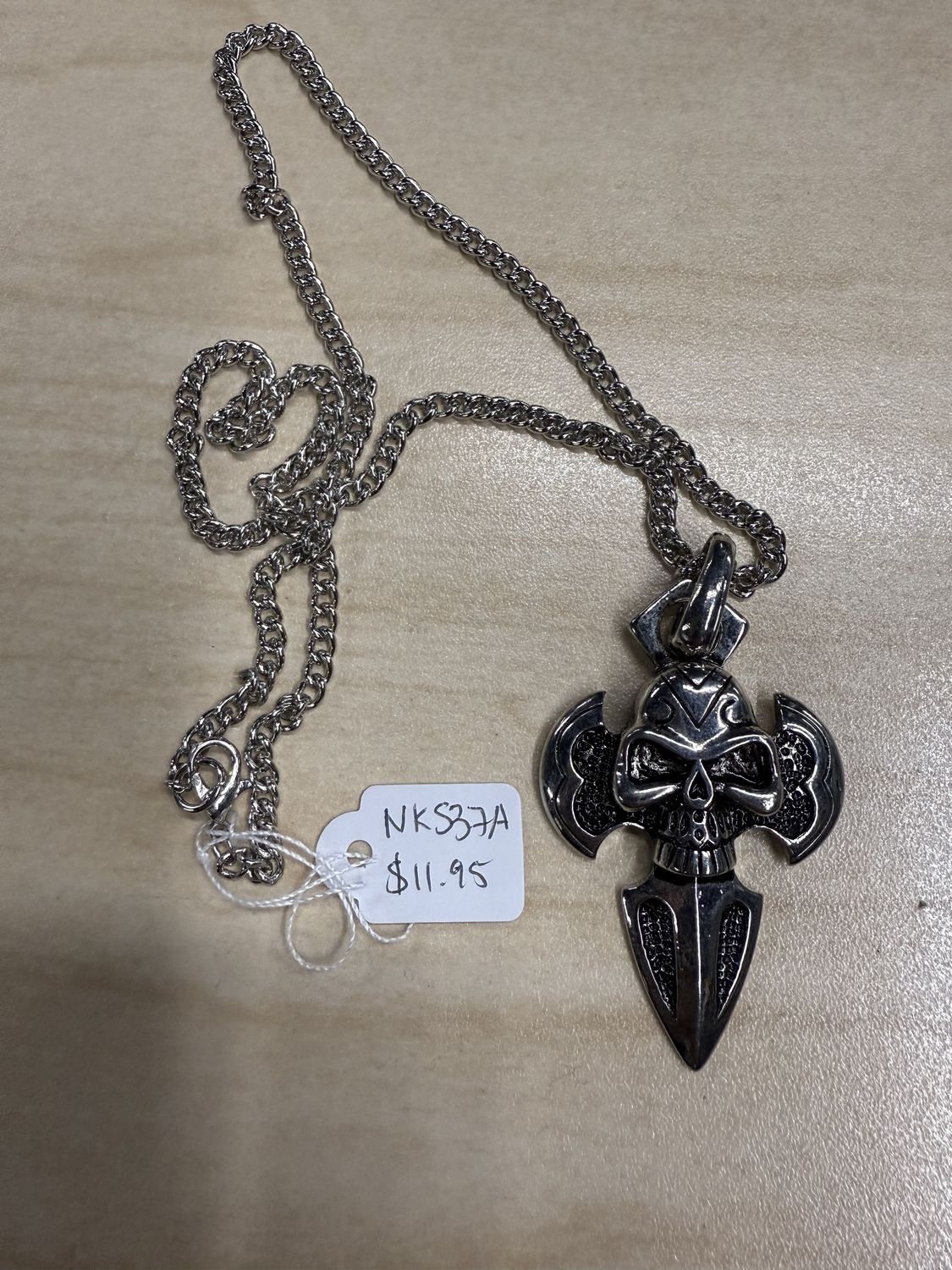 Engraved Skull on Flat Fat Gothic Cross Pendant Necklace