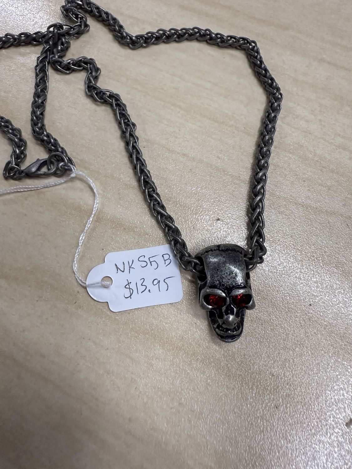 Dull Silver Flat Skull w/ Red Jewels Necklace