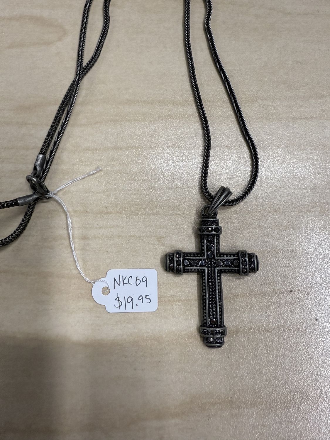 Cross w/ Banded Ends &amp; Tiny Stones on Braided Chain Necklace