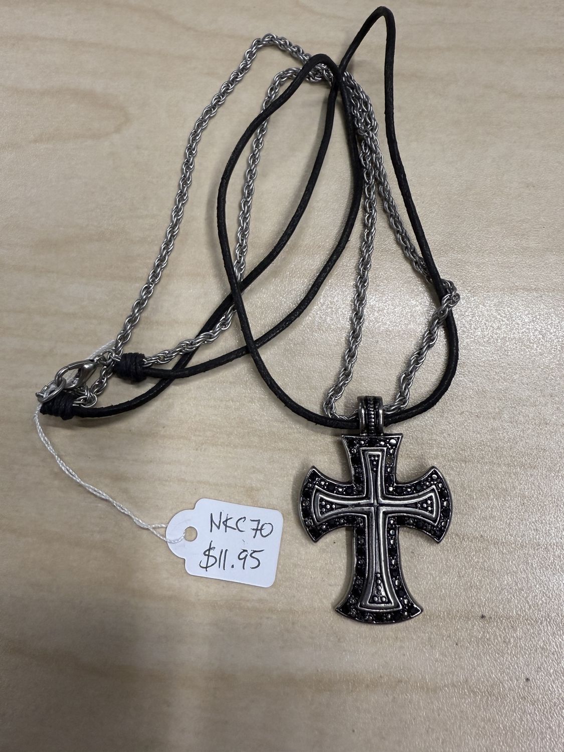 Flared End Cross w/ Tiny Stone Border Necklace on Cord &amp; Chain Necklace