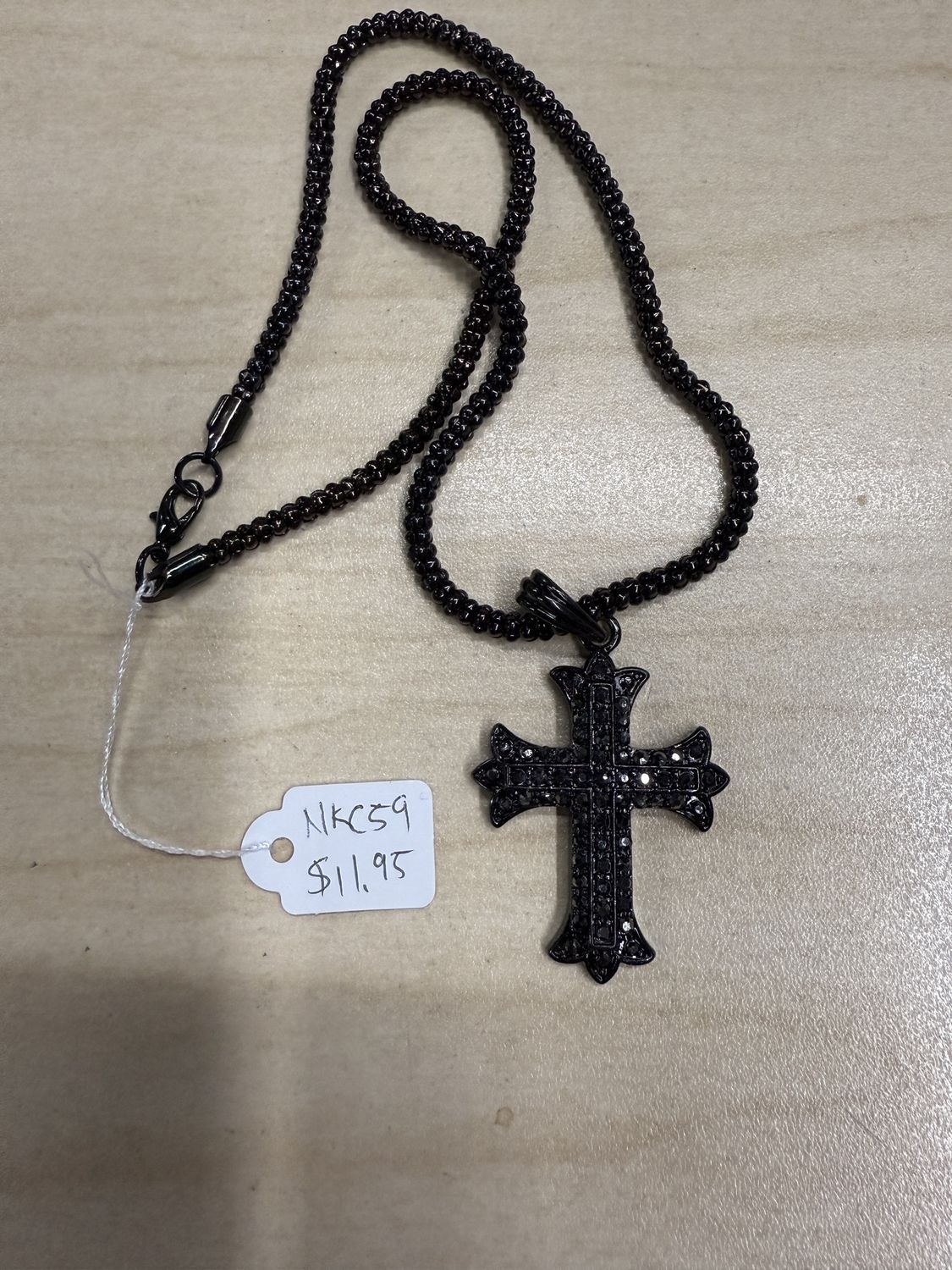 Black Metal Flared Cross w/ Tiny Stones Pendant Necklace