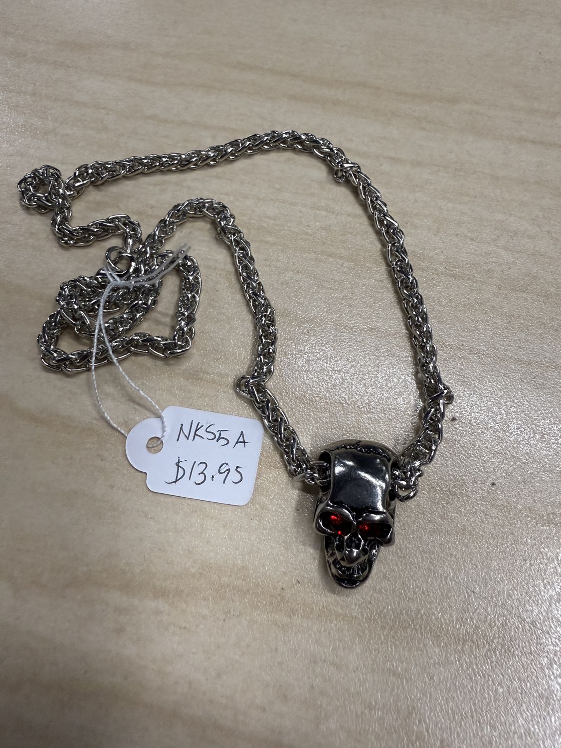 Silver Flat Skull w/ Red Jewels Necklace
