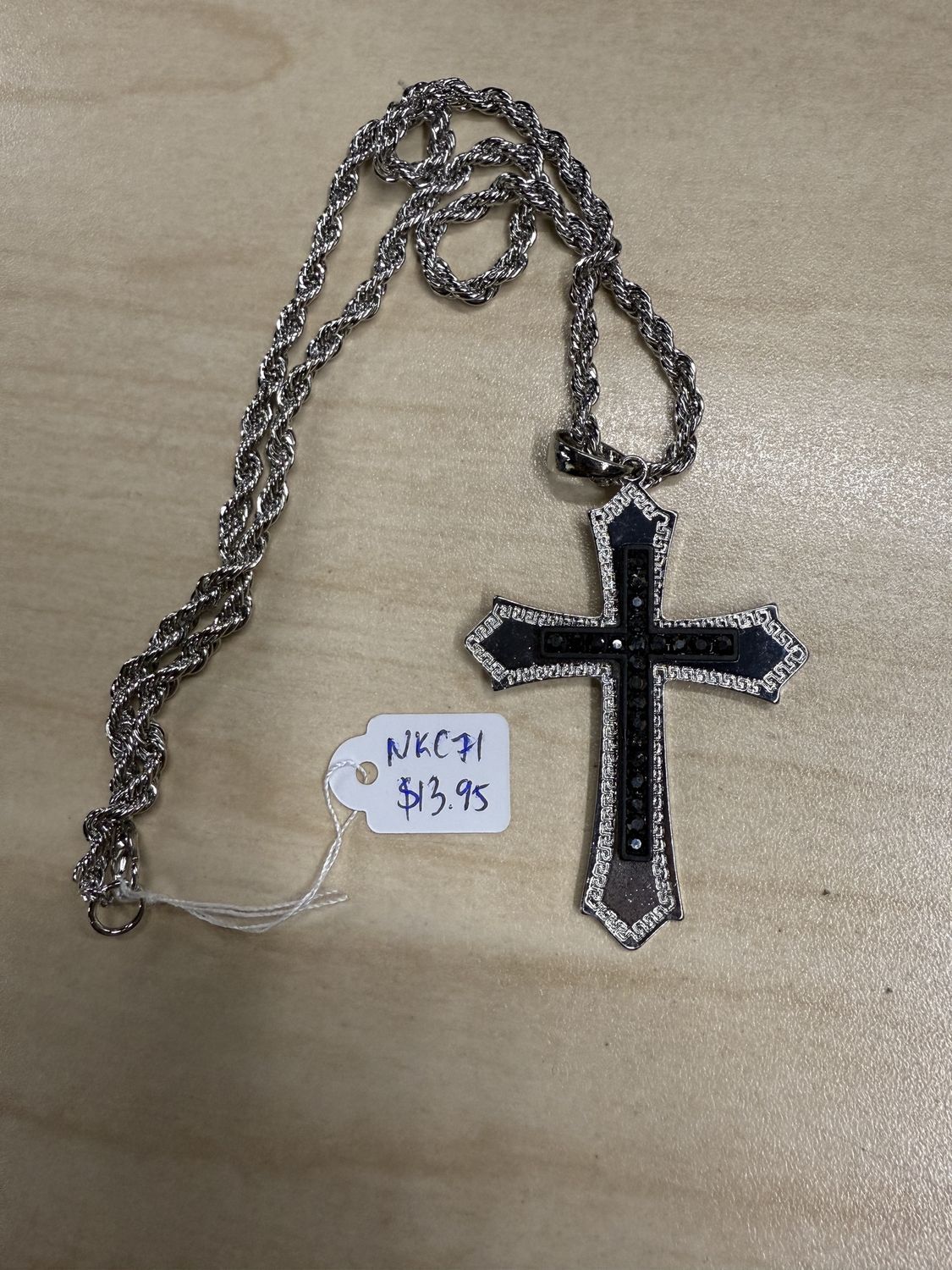 Black Cross w/ Stones on Silver Cross on Braided Chain Necklace