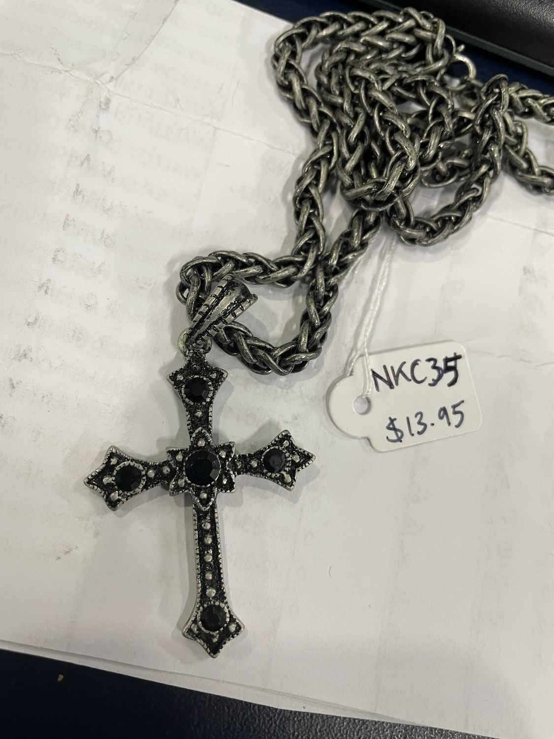 Braided Chain Burn Slv Cross w/ Blk Stones Necklace