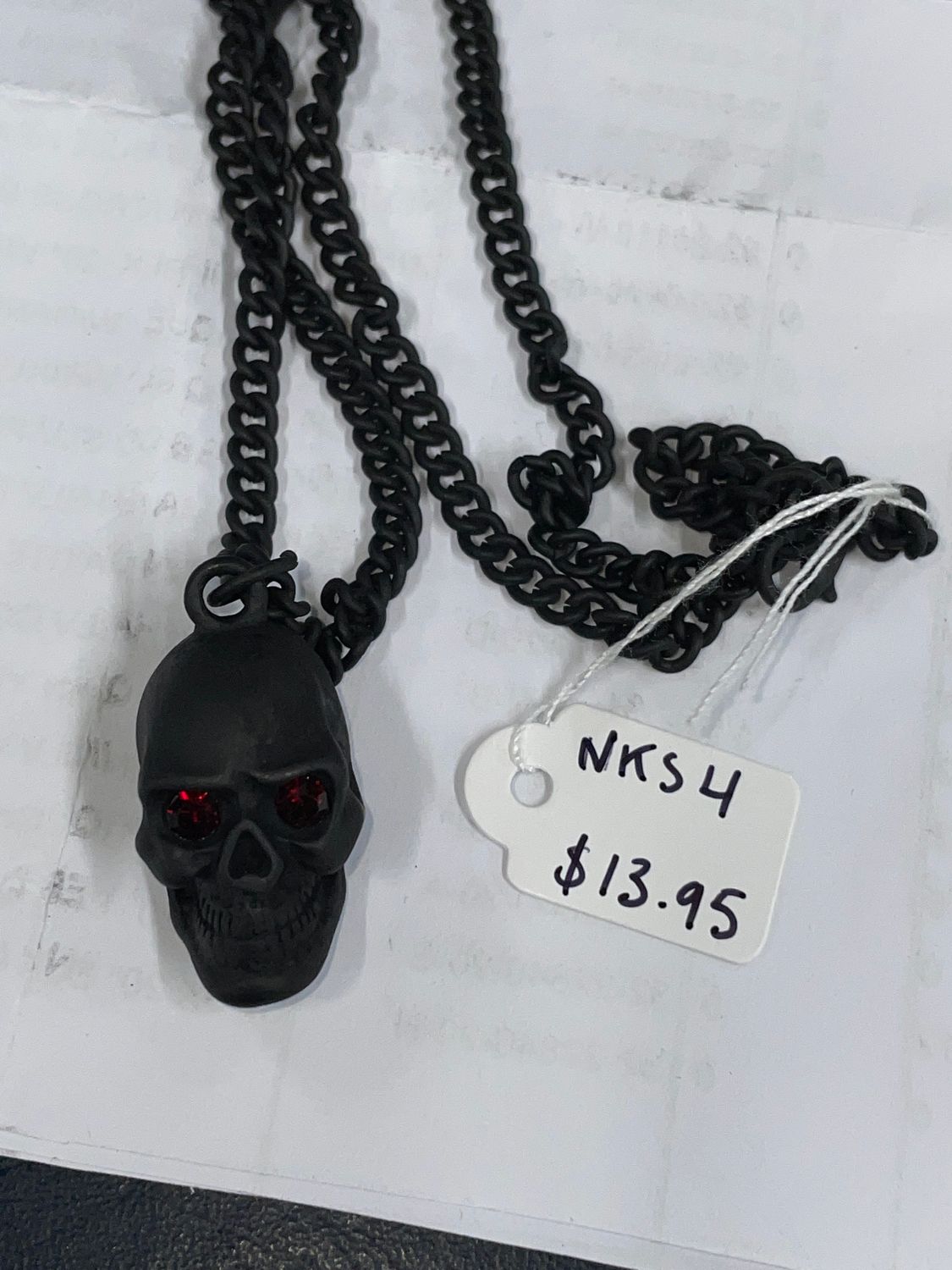 Matte Black Skull w/Jewels in Eyes Necklace