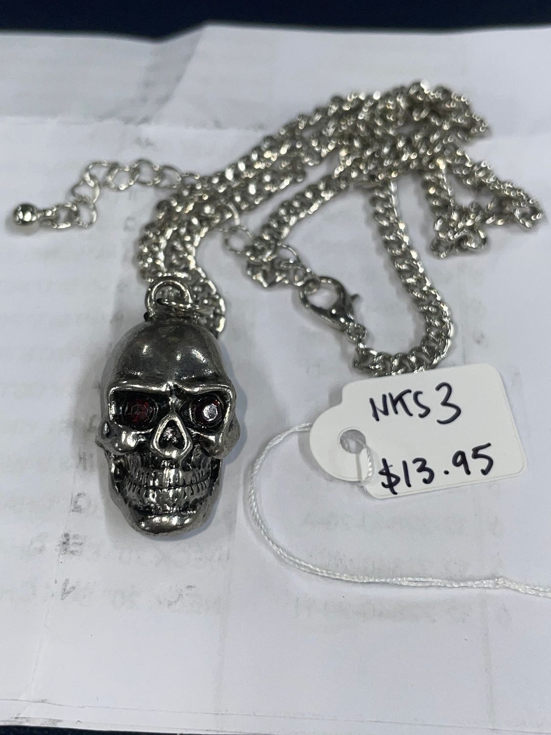 Silver Skull w/ Jewels in Eyes Necklace