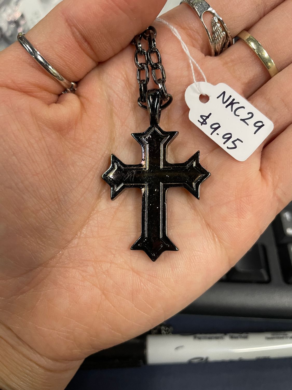 Hematite w/ Dbl Outline Cross Necklace