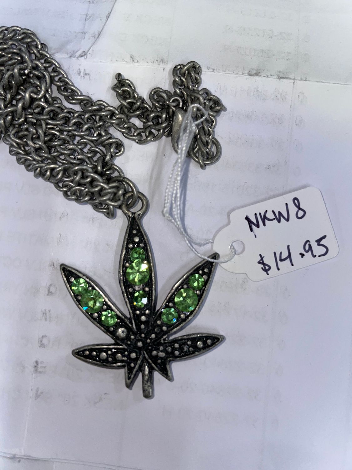 Burn Slv Weed w/Green Rhinestones Necklace