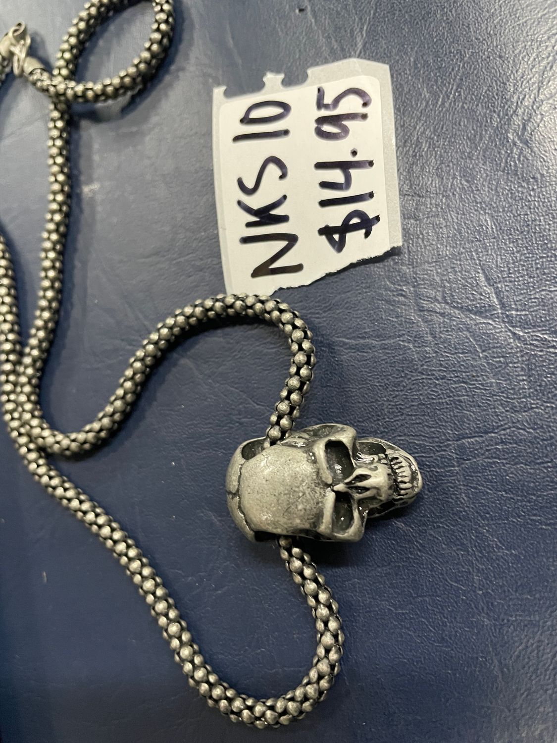 Lrg Silver Burnt Flat Skull Thick Chain Necklace