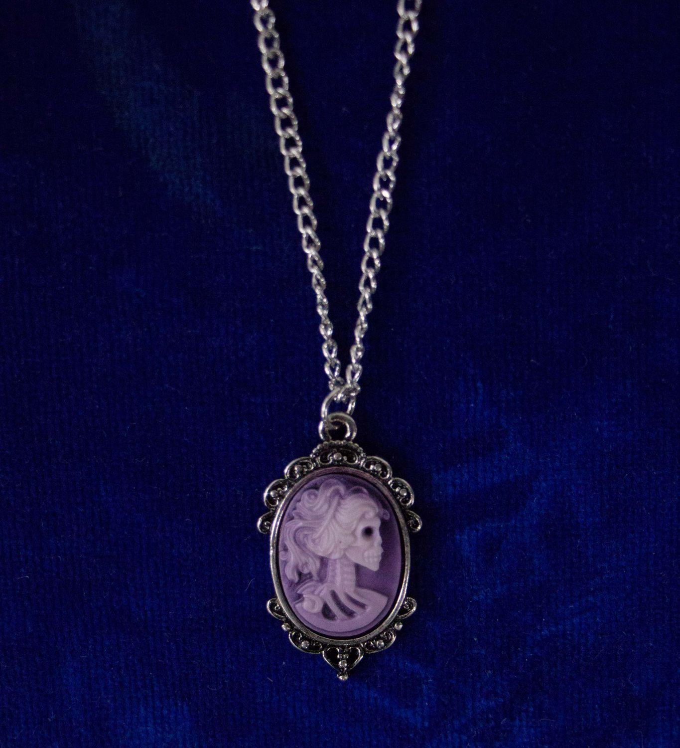 Skeleton Cameo Pendant Necklace - Grey on Purple