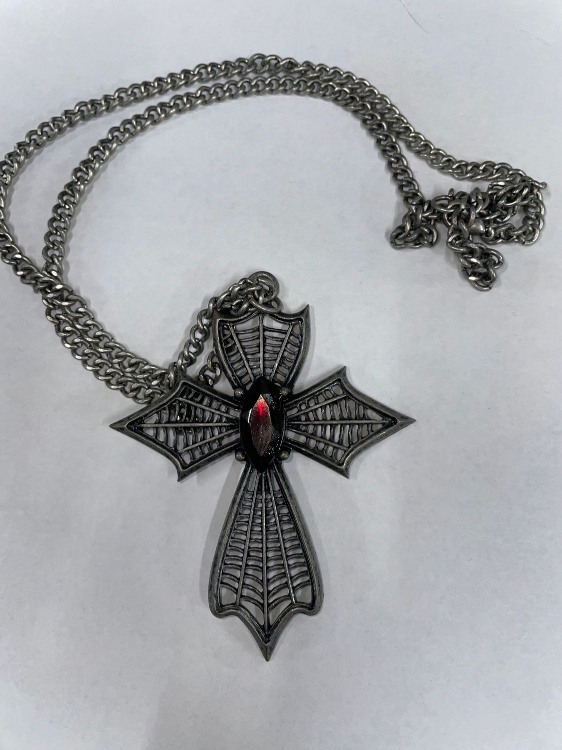 Large Webbed Gunmetal Cross w/ Dark Stone Necklace
