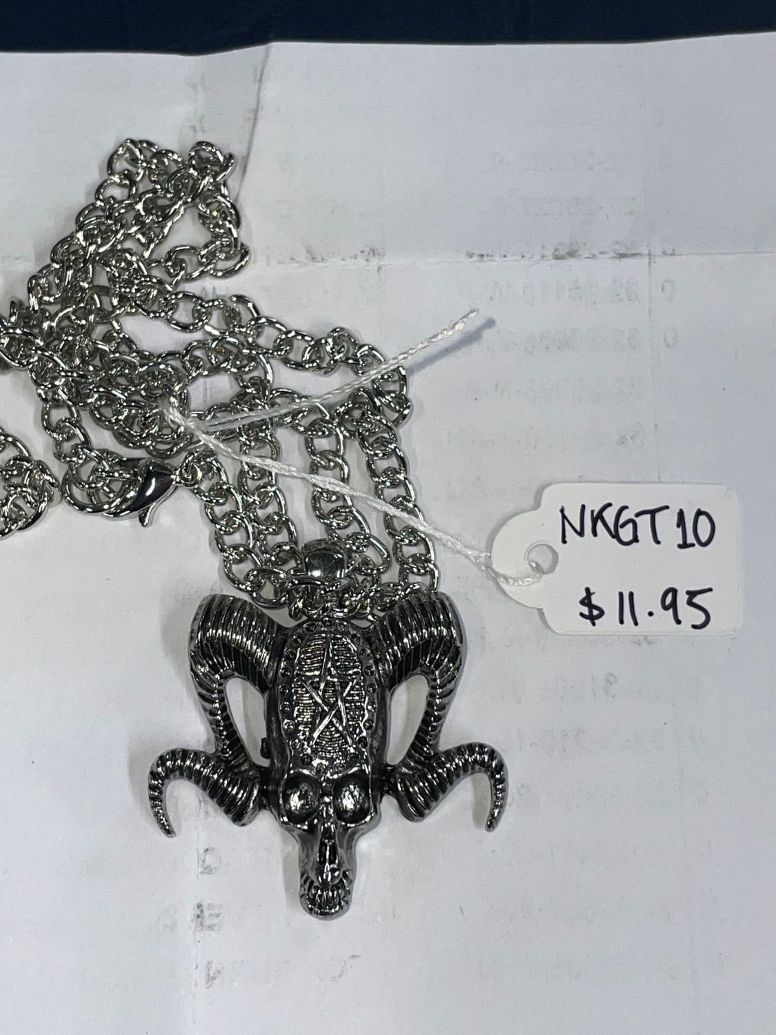 Silver Skull w/ Ram Horns, Pentagram Necklace