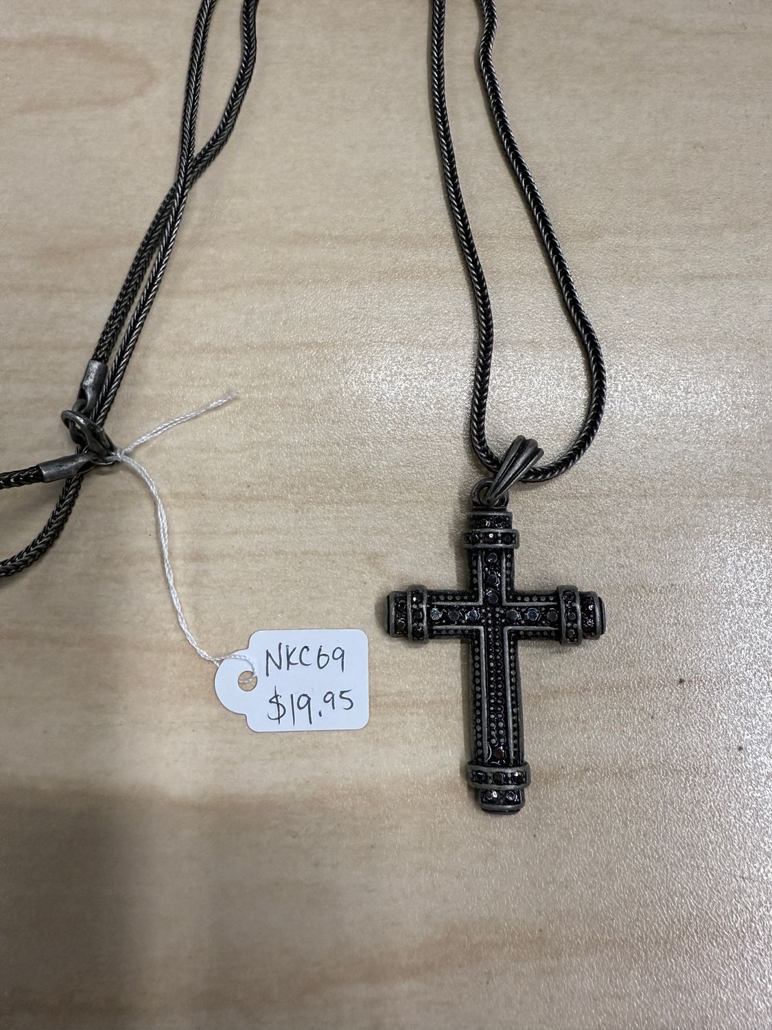Cross w/ Banded Ends &amp; Tiny Stones on Braided Chain Necklace