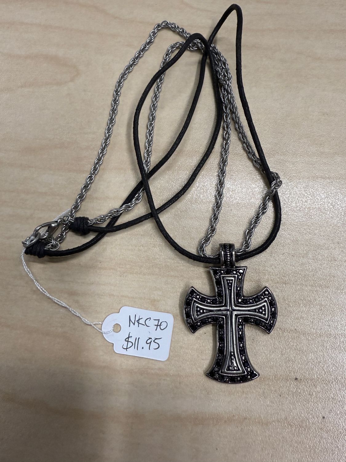 Flared End Cross w/ Tiny Stone Border Necklace on Cord &amp; Chain Necklace