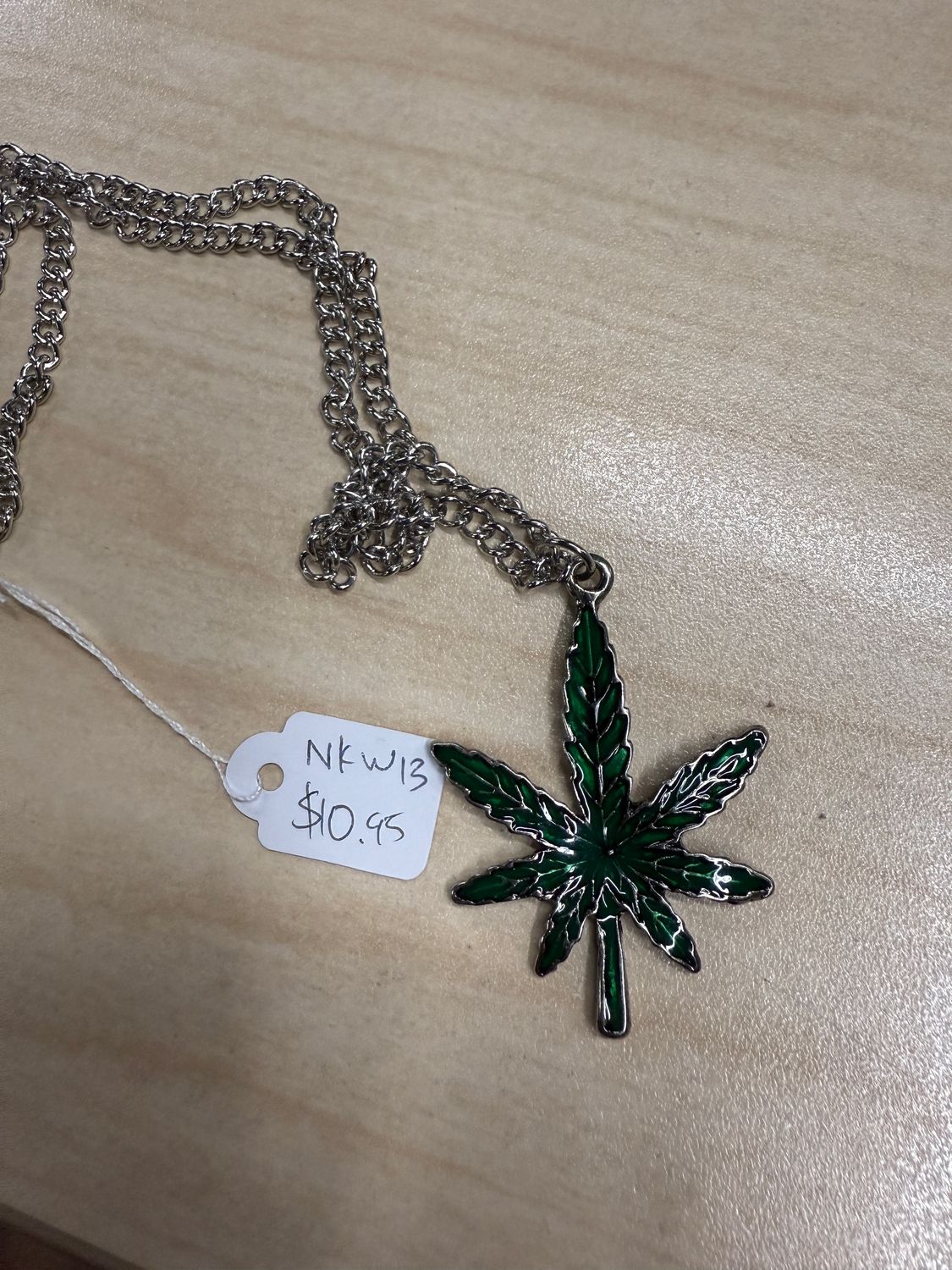 Green/Black Filled Silver Pot / Weed Leaf Pendant Necklace