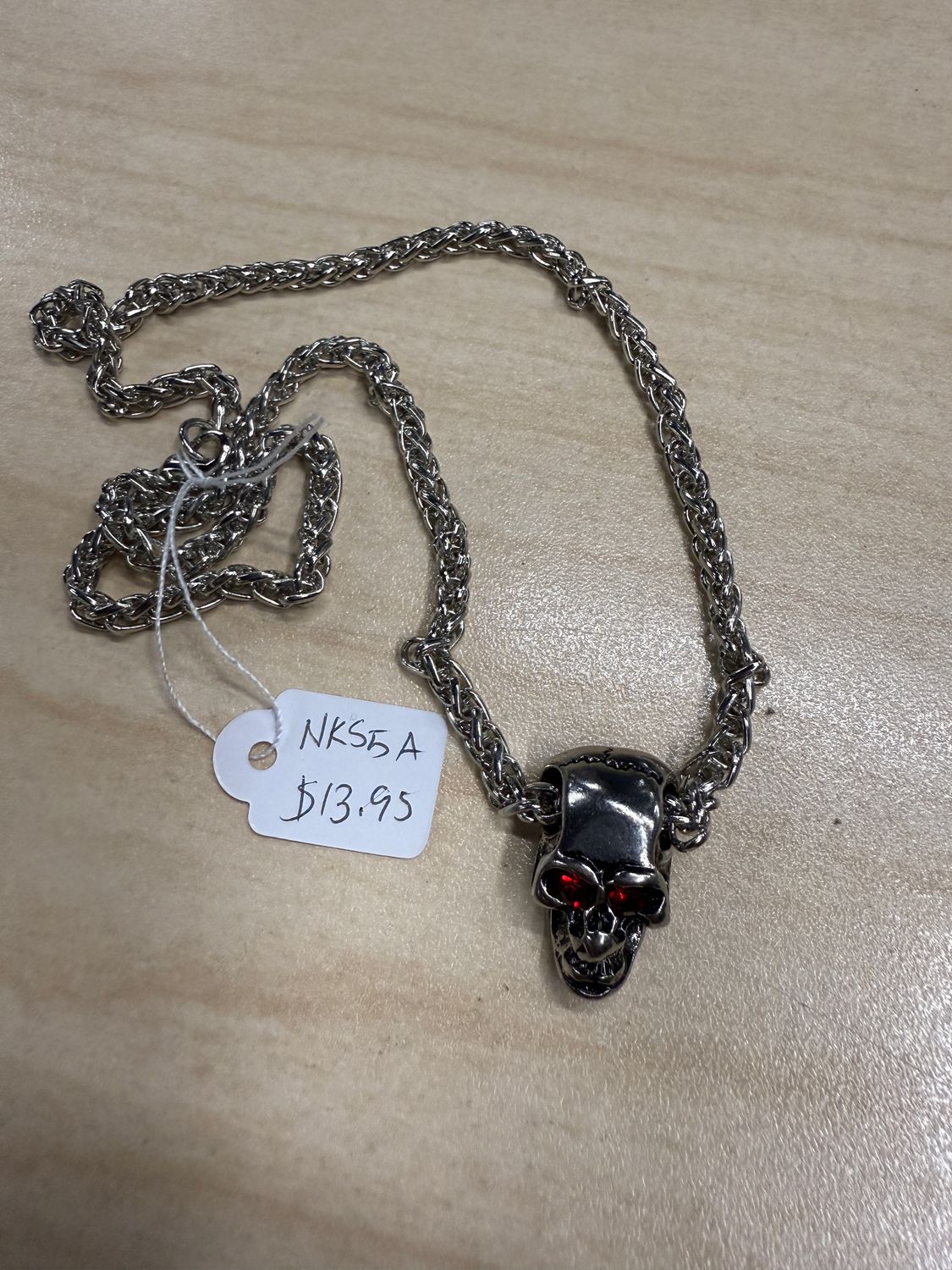 Silver Flat Skull w/ Red Jewels Necklace