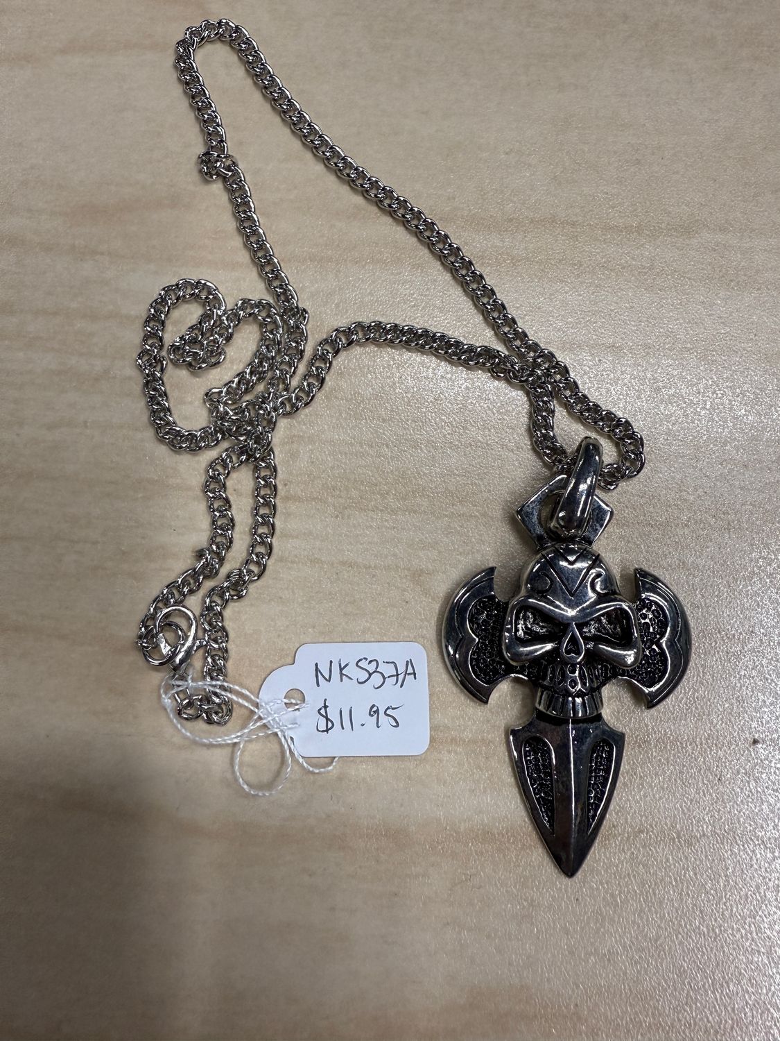 Engraved Skull on Flat Fat Gothic Cross Pendant Necklace