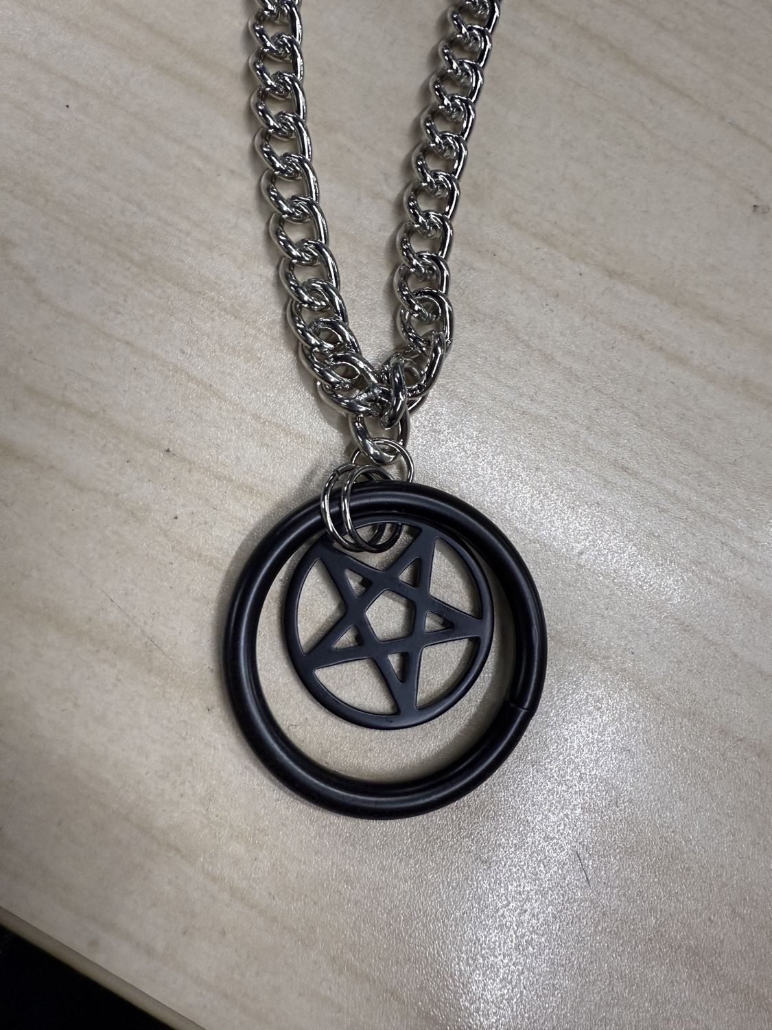 1.5" Black Pentagram in Ring Pendant Chain Necklace
