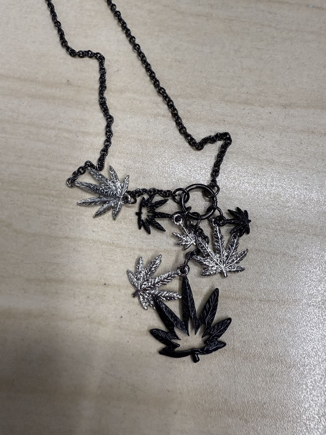 Black &amp; Silver Multi-Leaf Weed Pendant Necklace