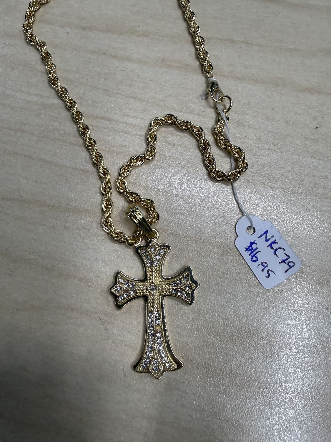 Flared, Tiered Gold Cross w/ White Gems Pendant Necklace