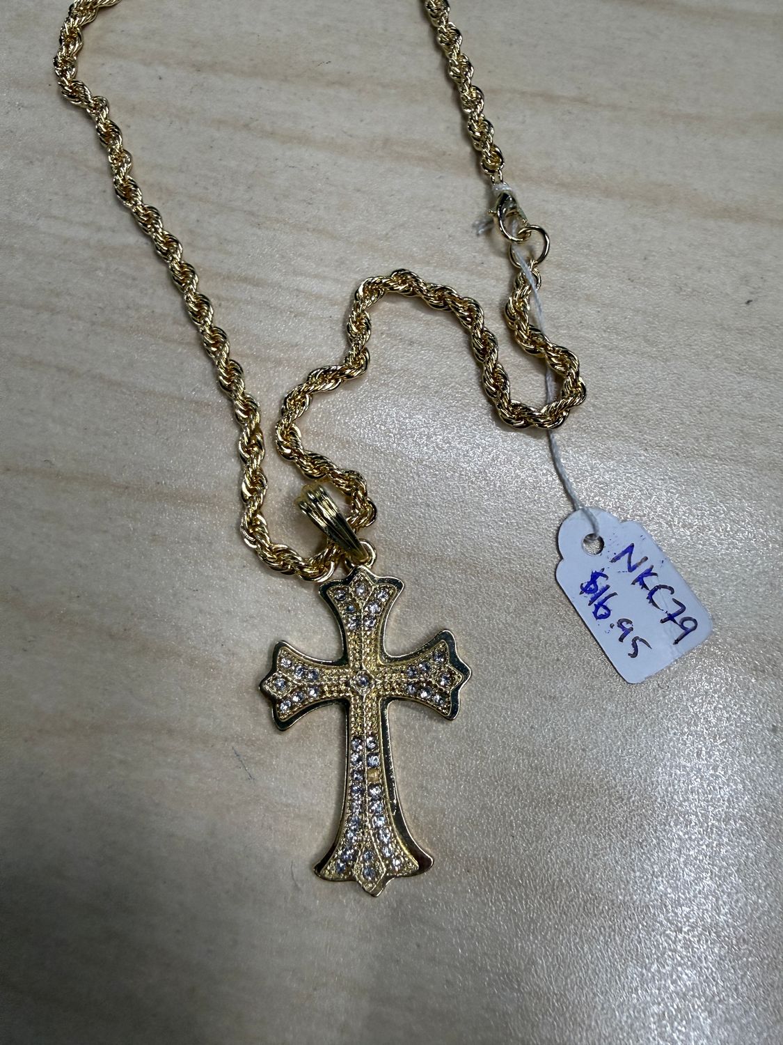 Flared, Tiered Gold Cross w/ White Gems Pendant Necklace
