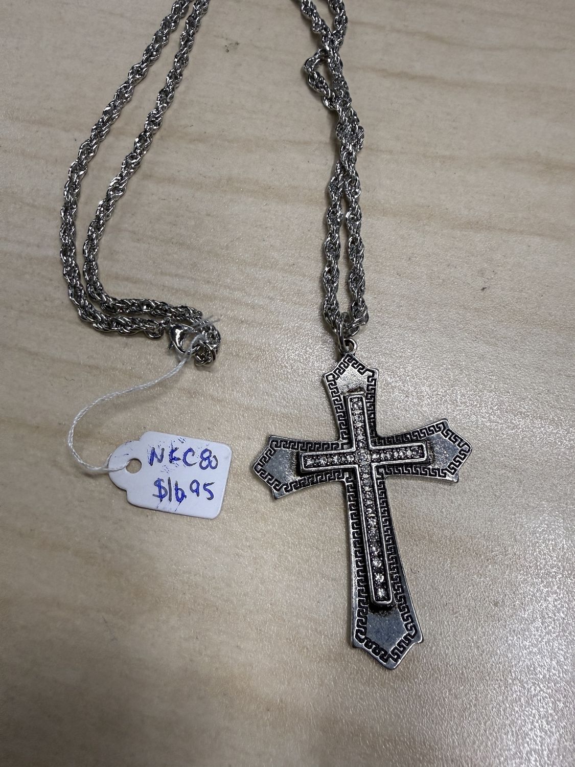 1-Row Jeweled Cross on Flat Engraved Cross Necklace