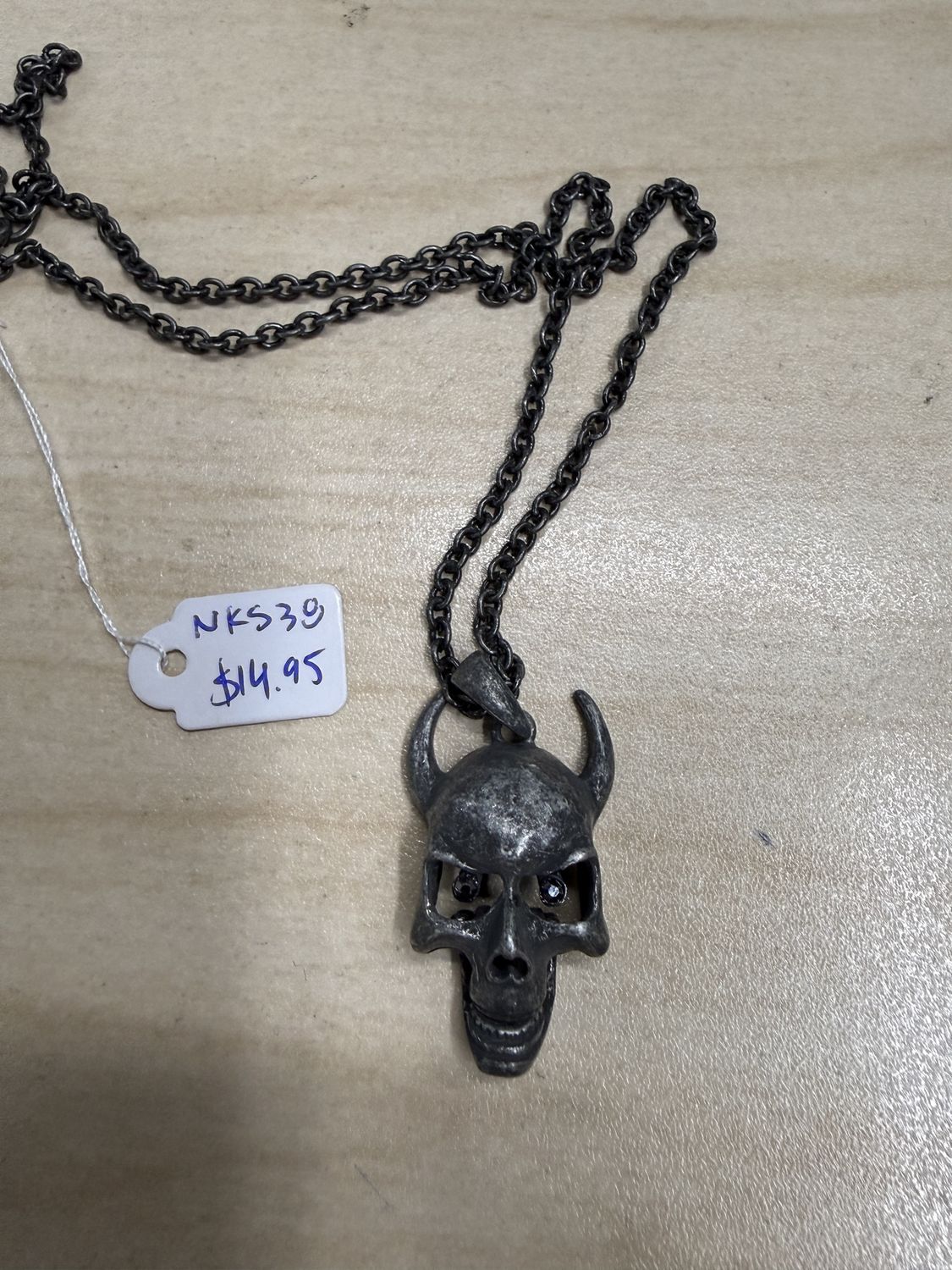 Skull w/ Horns &amp; Suspended Gem Eyes Pendant Necklace